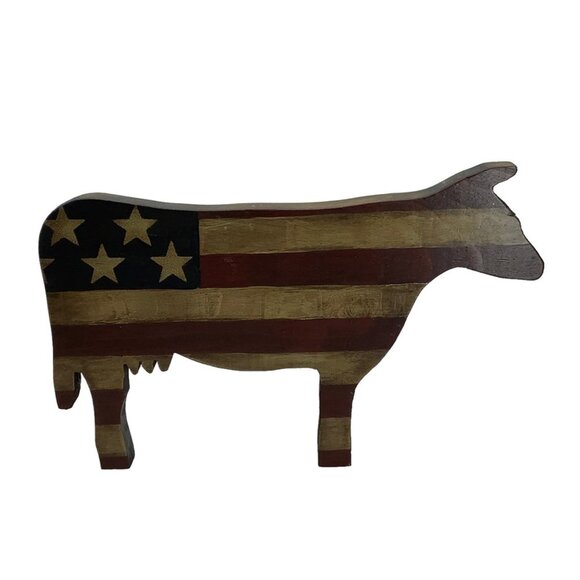 Other - Vintage Farm Folk Art Cow Flag Independence Memorial Wood Wall Decor‎ 11"x6.5"